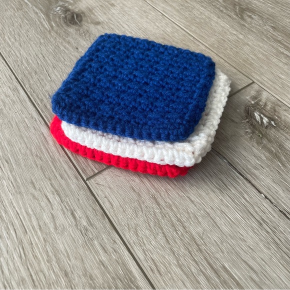 Red, White, Blue 4”x4” Handmade Crochet Coaster Set - Picture 2 of 5
